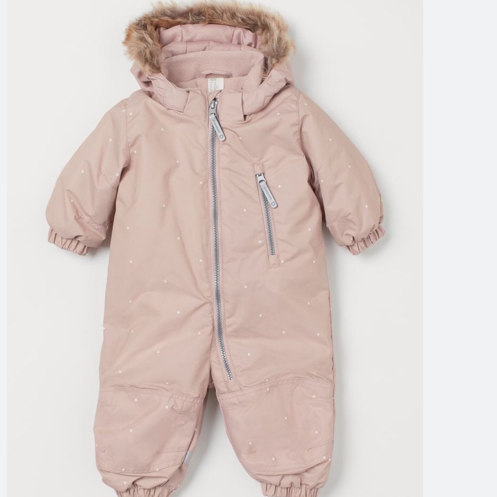 H&M Girls Water Repellent Snowsuit Light Pink w/ Hearts 3T